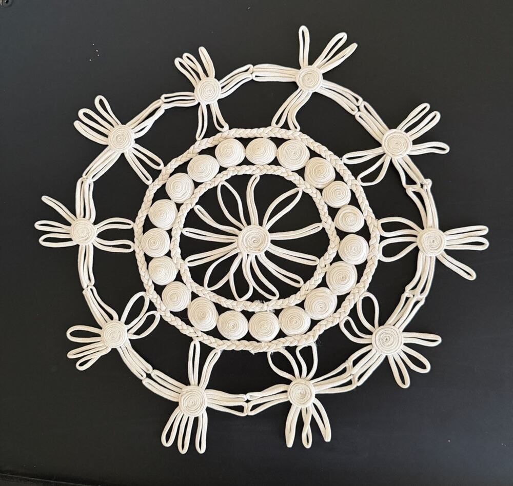 Vintage White Corded Floral Centerpiece Doily Sculptural Rope Lace Mid Century